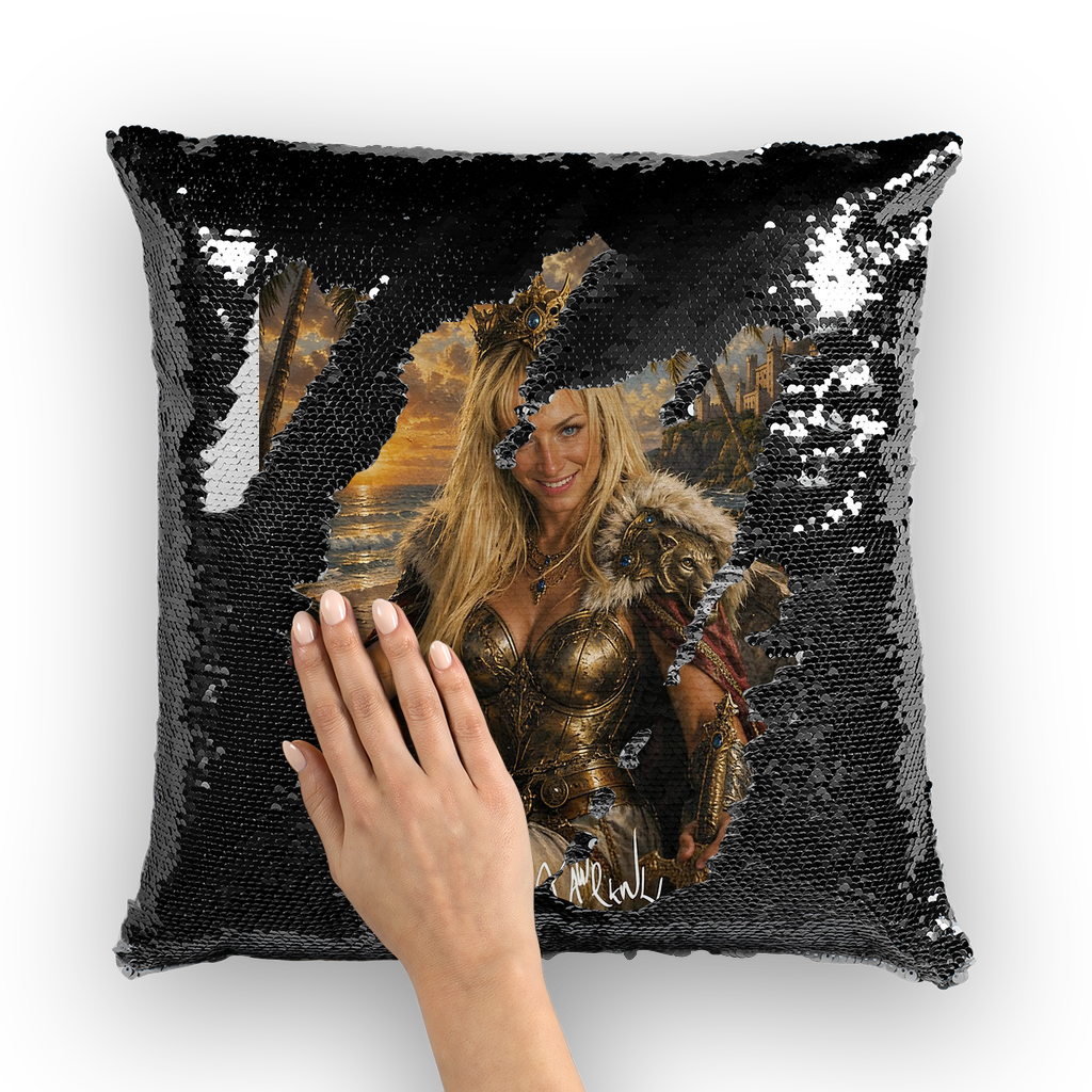 Lady Warrior Queen by Lord Lawrence art Sequin Cushion Cover