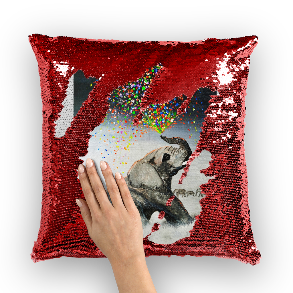 Elephant Spraying Rainbow by Lord Lawrence art Sequin Cushion Cover