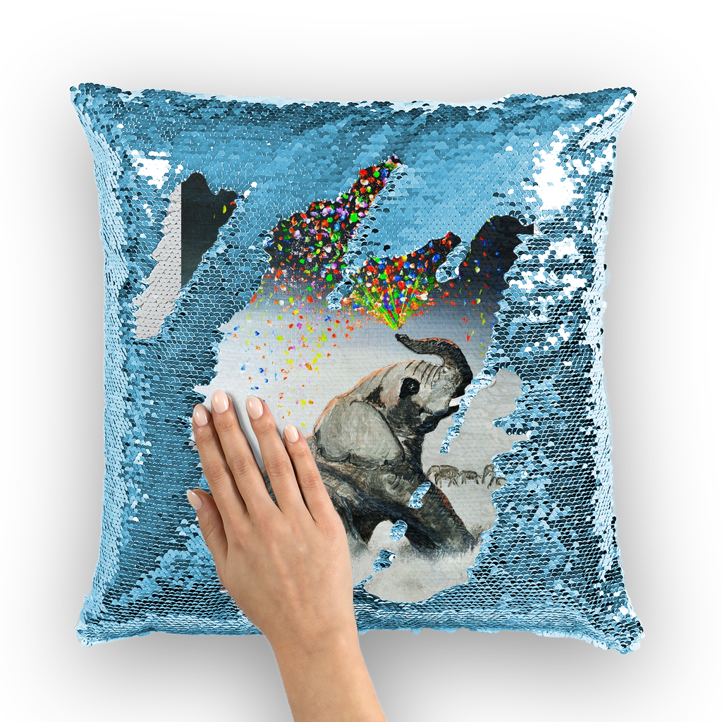 Elephant Spraying Rainbow by Lord Lawrence art Sequin Cushion Cover