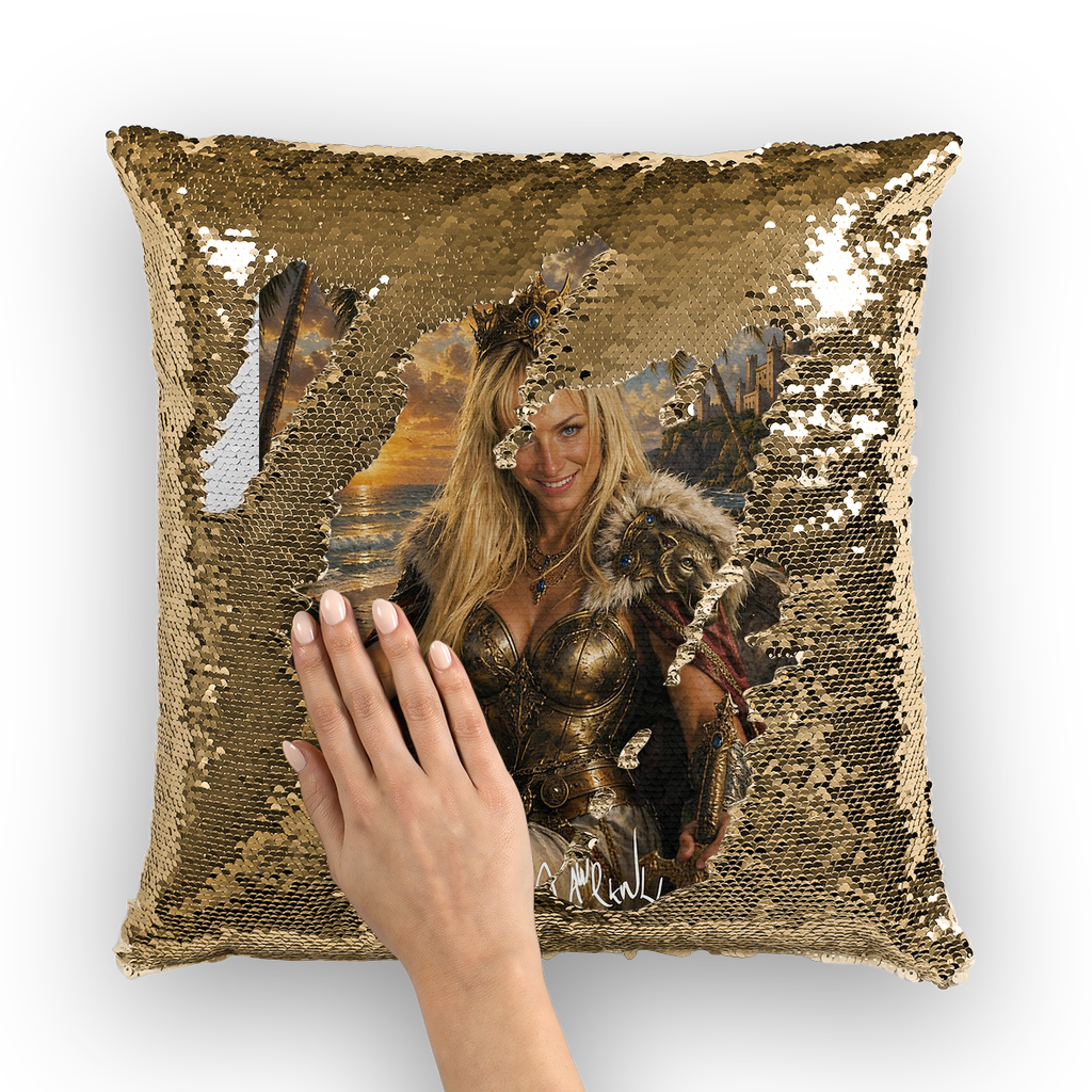 Lady Warrior Queen by Lord Lawrence art Sequin Cushion Cover