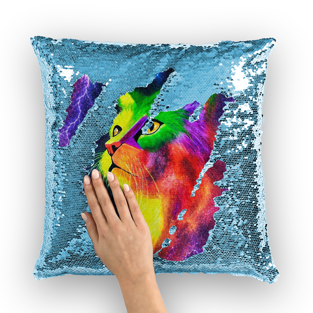 Cosmic Neon Cat by Lord Lawrence art Sequin Cushion Cover