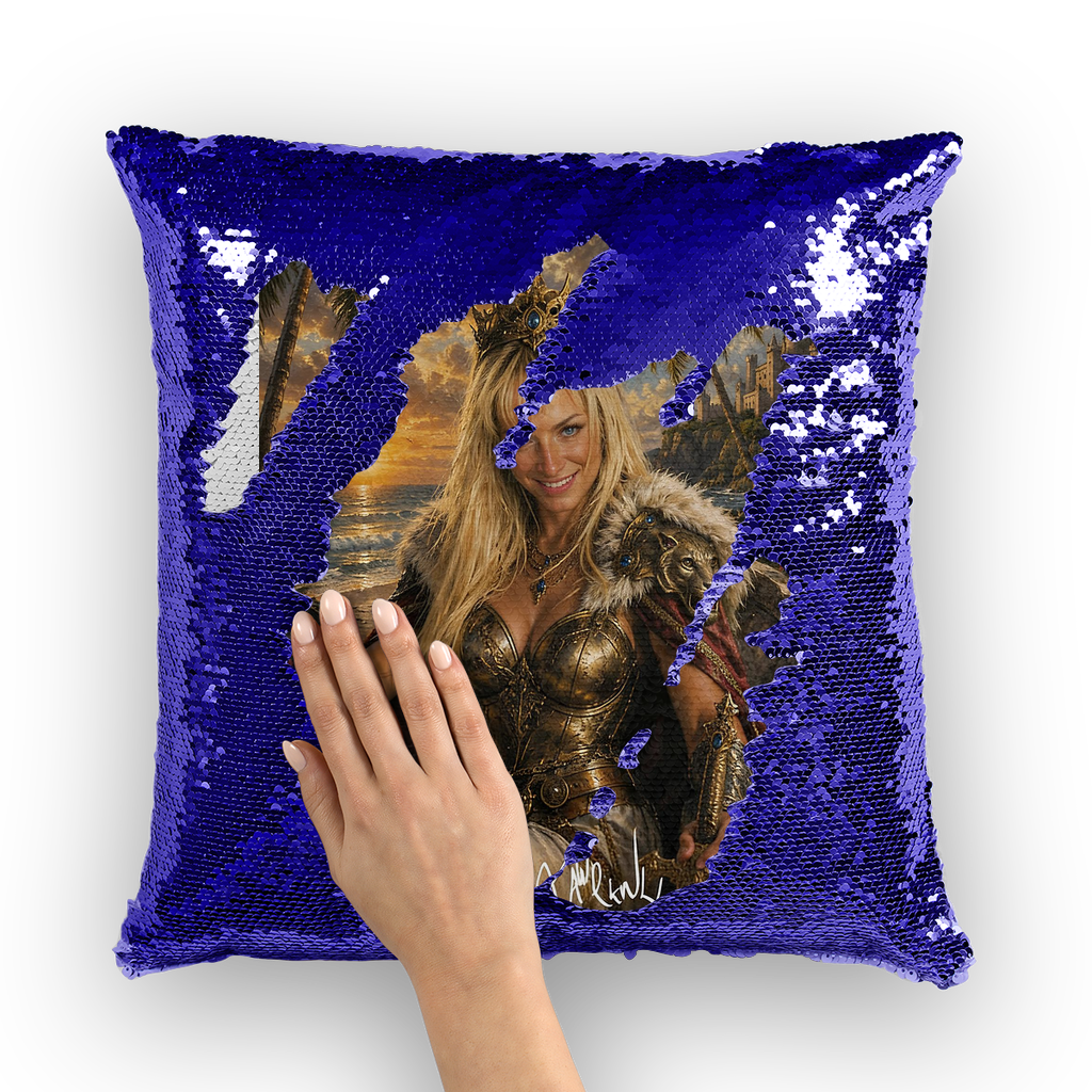 Lady Warrior Queen by Lord Lawrence art Sequin Cushion Cover