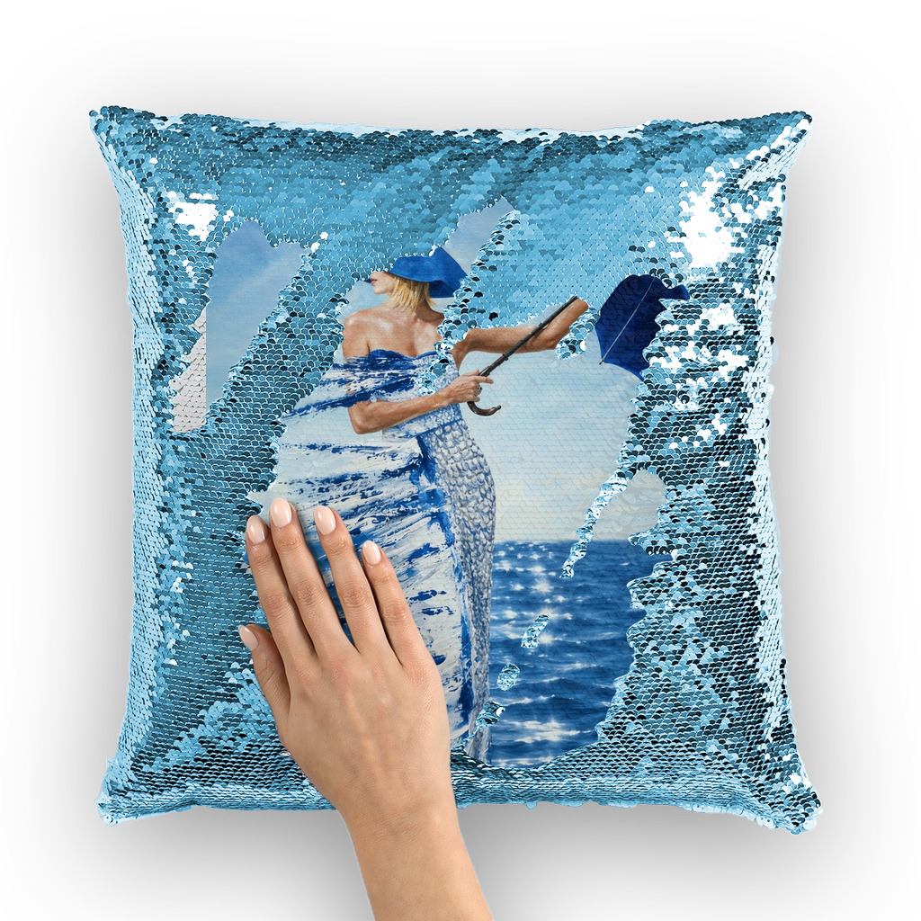 Lady with umbrella Lord lawrence art Sequin Cushion Cover
