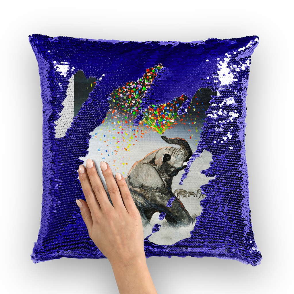 Elephant Spraying Rainbow by Lord Lawrence art Sequin Cushion Cover