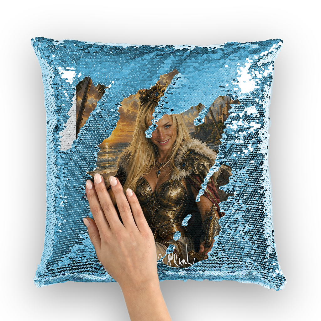 Lady Warrior Queen by Lord Lawrence art Sequin Cushion Cover