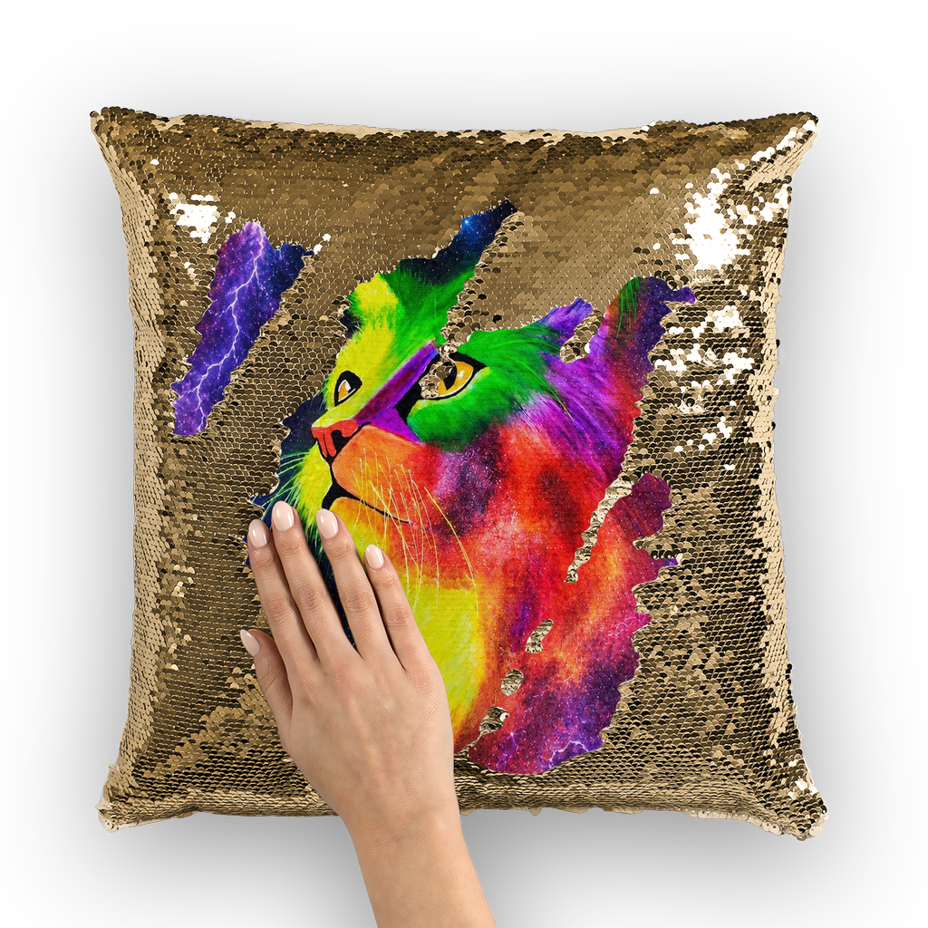 Cosmic Neon Cat by Lord Lawrence art Sequin Cushion Cover