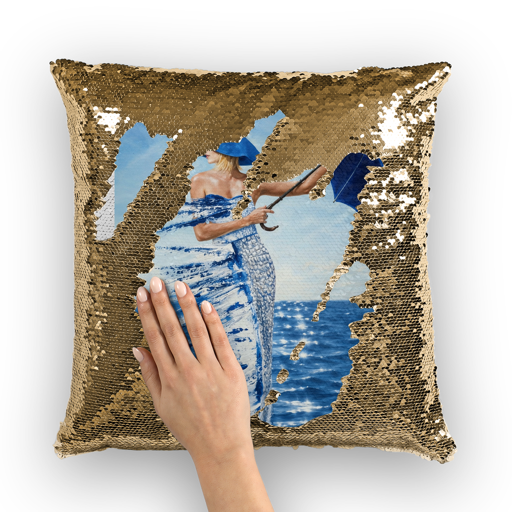 Lady with umbrella Lord lawrence art Sequin Cushion Cover