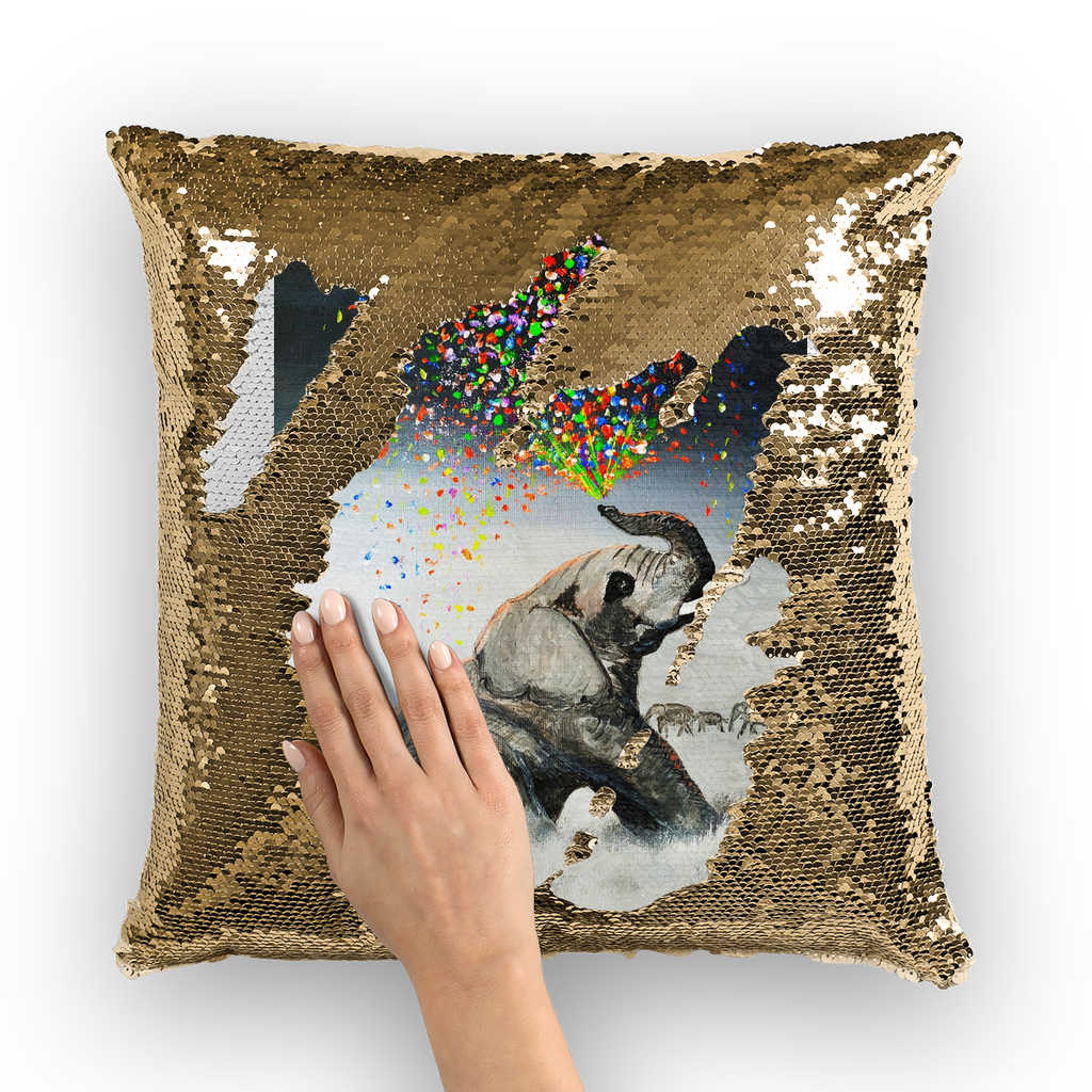 Elephant Spraying Rainbow by Lord Lawrence art Sequin Cushion Cover