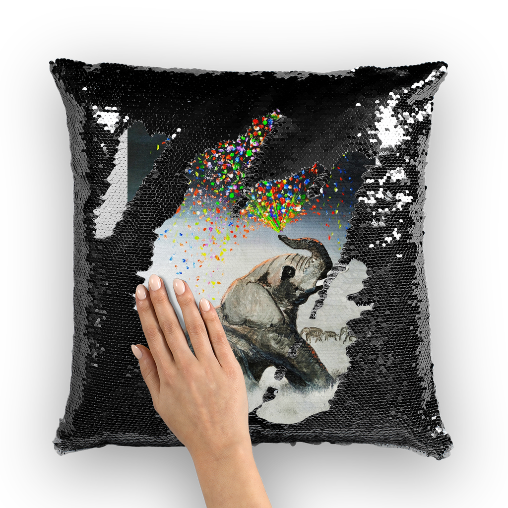 Elephant Spraying Rainbow by Lord Lawrence art Sequin Cushion Cover