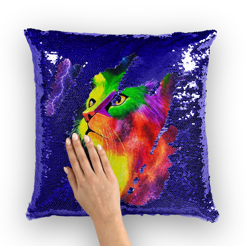 Cosmic Neon Cat by Lord Lawrence art Sequin Cushion Cover