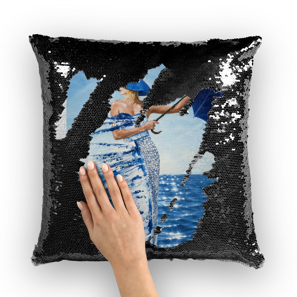Lady with umbrella Lord lawrence art Sequin Cushion Cover