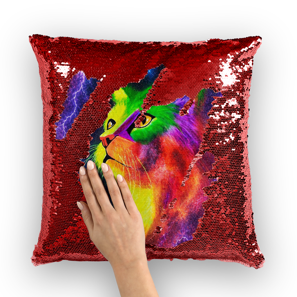 Cosmic Neon Cat by Lord Lawrence art Sequin Cushion Cover