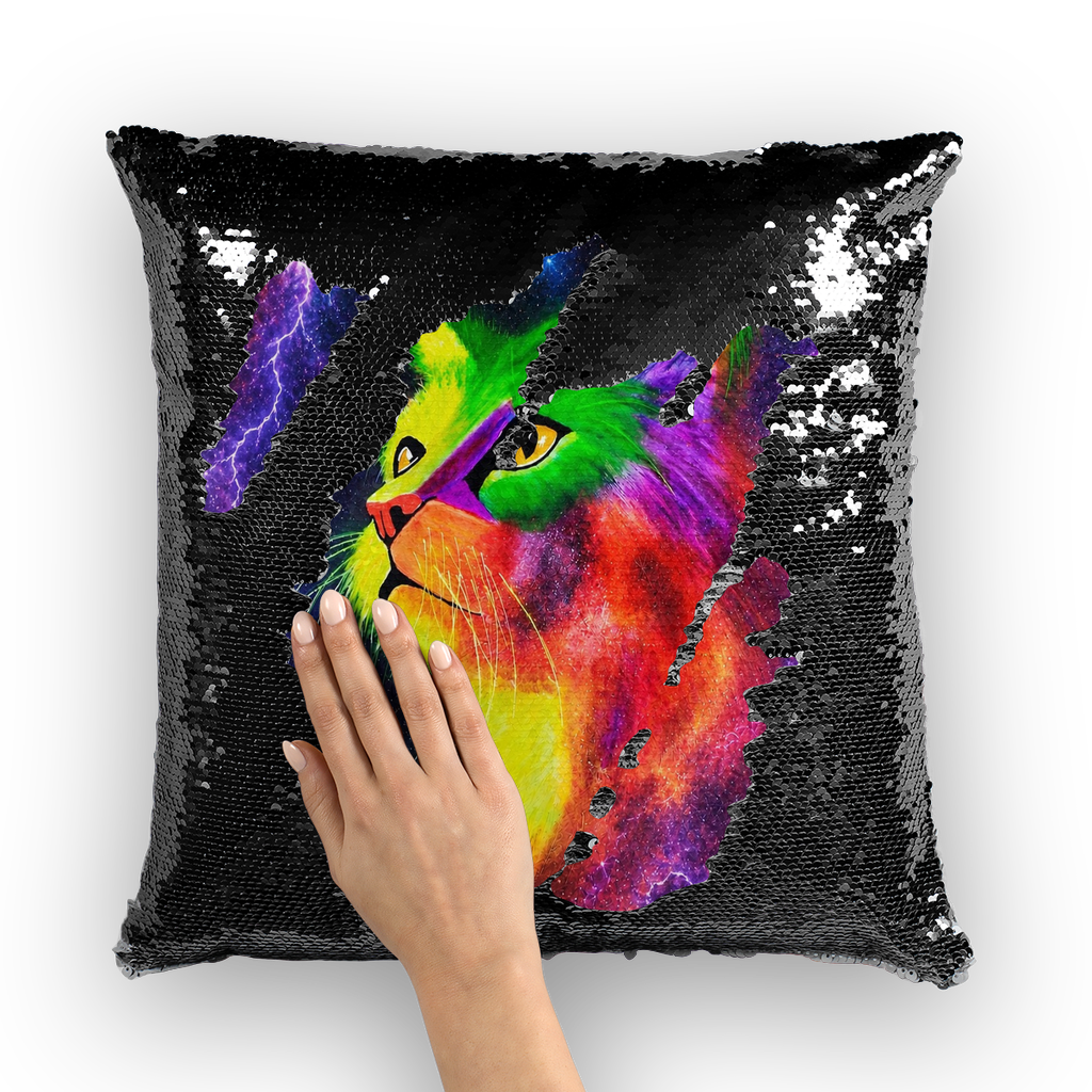 Cosmic Neon Cat by Lord Lawrence art Sequin Cushion Cover